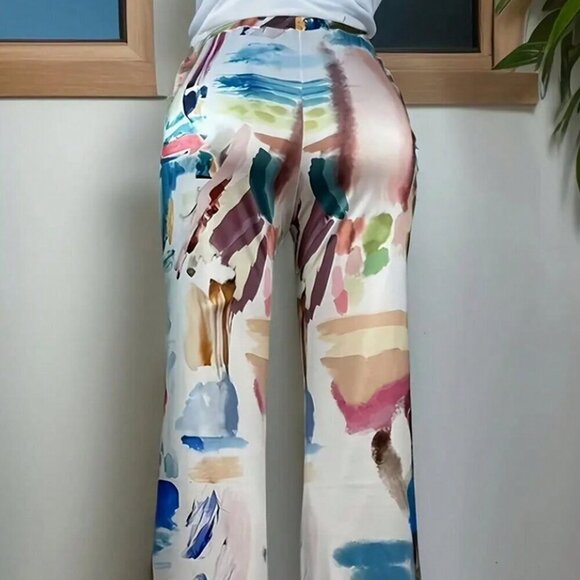 Multicolor Casual Women's All-Over Print Knitted Straight-Leg Pants - Picture 3 of 4